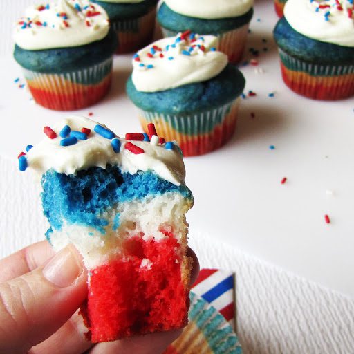 Vanilla cake batter, Food coloring (separated in 3 equal parts), poured in layers.
